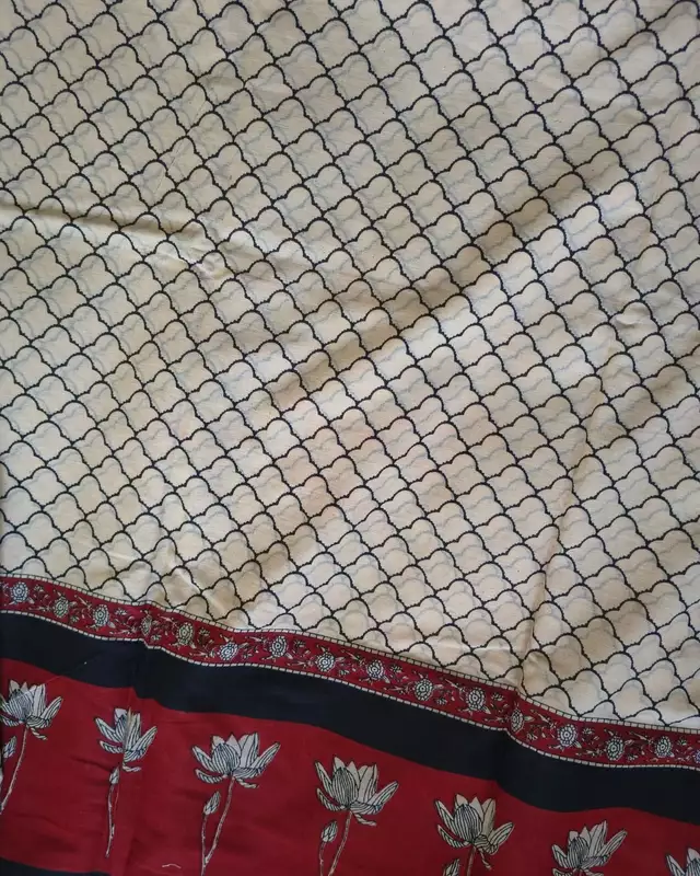 Ajrakh Block Print 120s Mul Cotton Saree - Cream