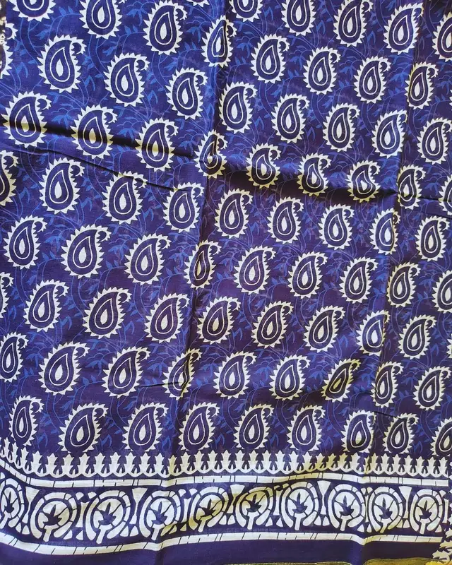 Ajrakh Block Print 120s Mul Cotton Saree - Indigo