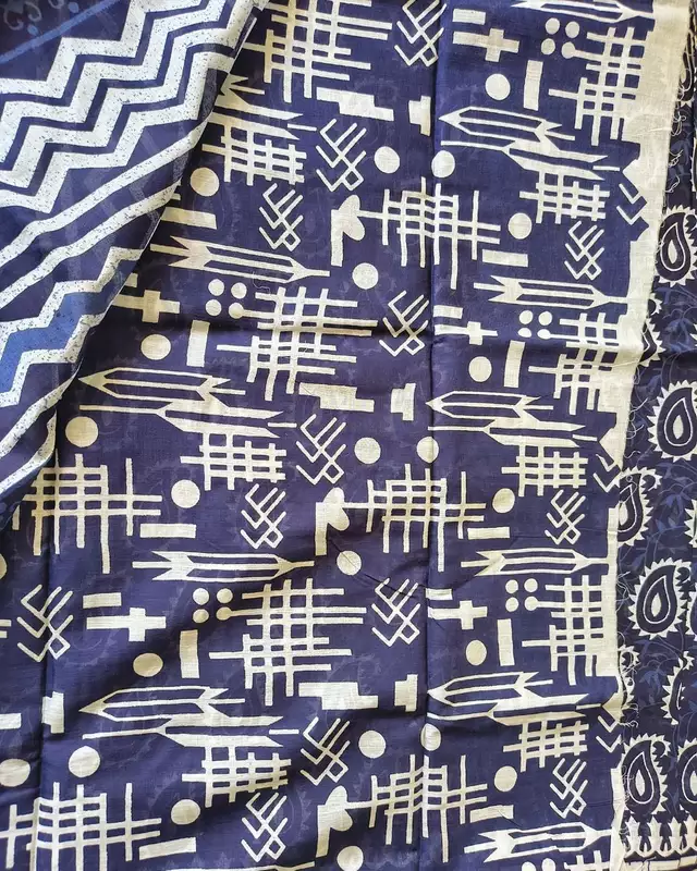 Ajrakh Block Print 120s Mul Cotton Saree - Indigo