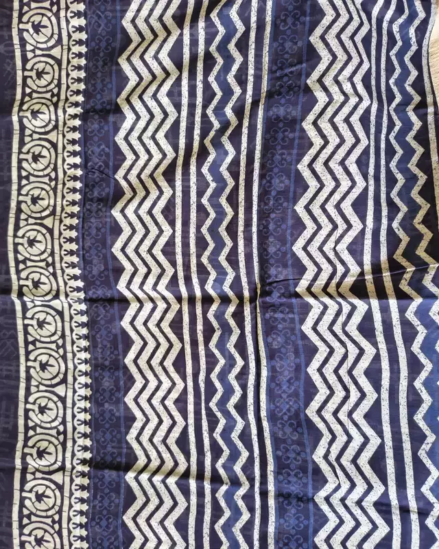 Ajrakh Block Print 120s Mul Cotton Saree - Indigo