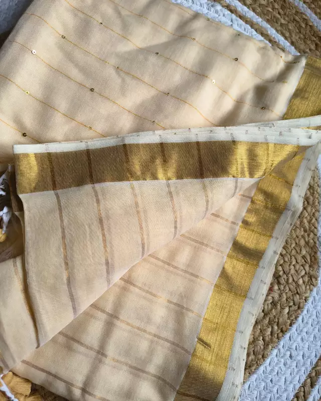 Handloom Mul Cotton Saree with Golden Stripes, Border and Sequins in Pallu - Sandal