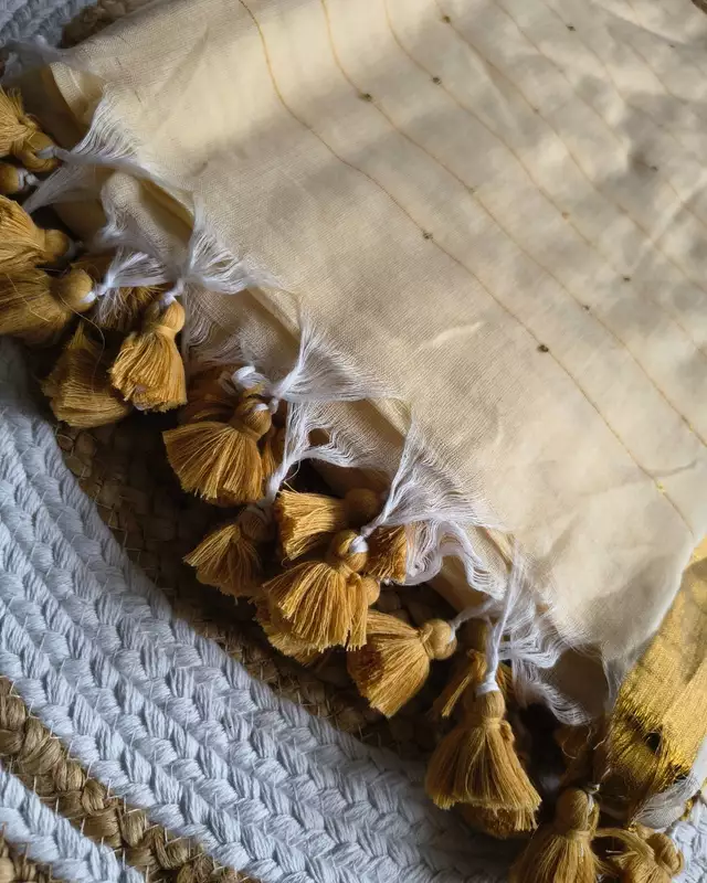 Handloom Mul Cotton Saree with Golden Stripes, Border and Sequins in Pallu - Sandal