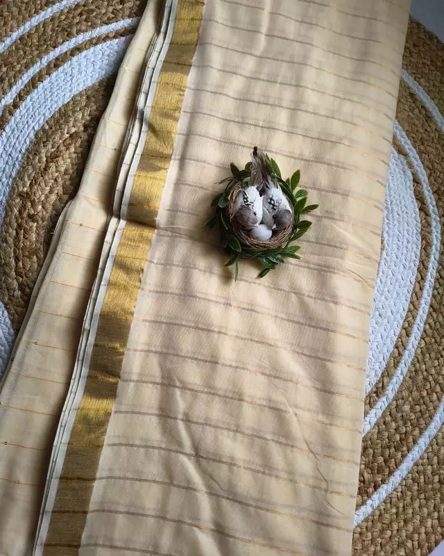 Handloom Mul Cotton Saree with Golden Stripes, Border and Sequins in Pallu - Sandal