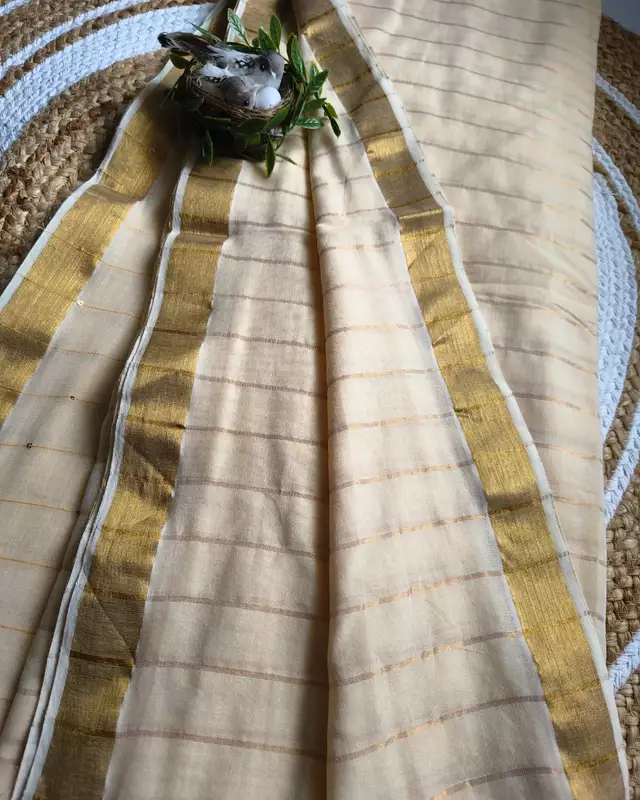 Handloom Mul Cotton Saree with Golden Stripes, Border and Sequins in Pallu - Sandal