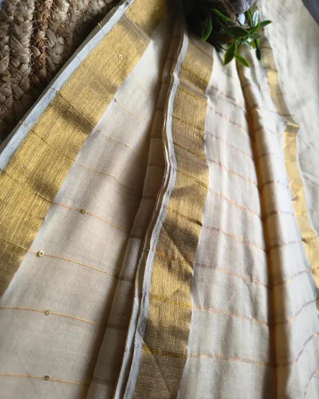 Handloom Mul Cotton Saree with Golden Stripes, Border and Sequins in Pallu - Sandal