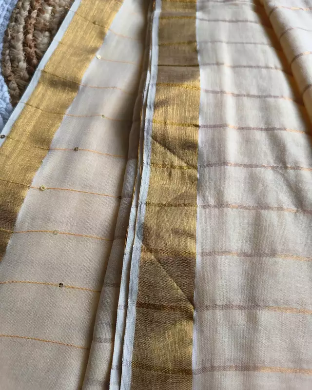Handloom Mul Cotton Saree with Golden Stripes, Border and Sequins in Pallu - Sandal