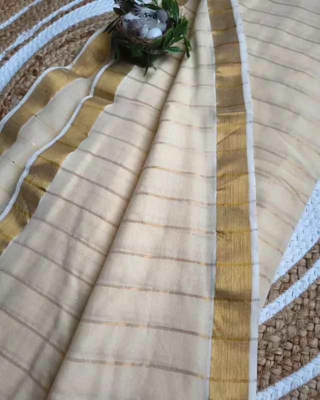 Handloom Mul Cotton Saree with Golden Stripes, Border and Sequins in Pallu - Sandal