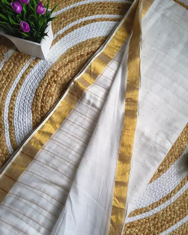 Handloom Mul Cotton Saree with Golden Stripes, Border and Sequins in Pallu - White