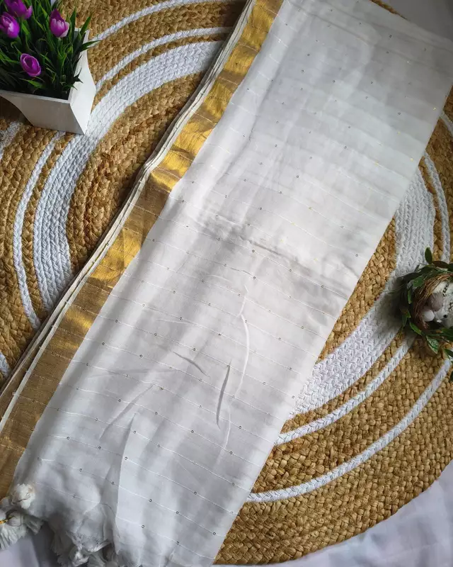 Handloom Mul Cotton Saree with Golden Stripes, Border and Sequins in Pallu - White