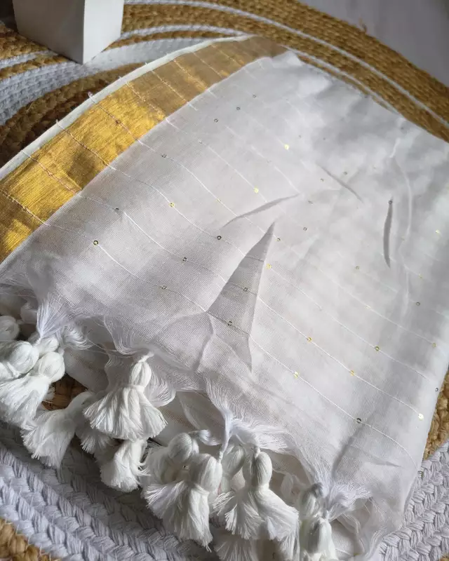 Handloom Mul Cotton Saree with Golden Stripes, Border and Sequins in Pallu - White
