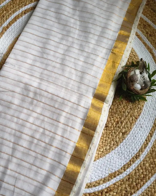 Handloom Mul Cotton Saree with Golden Stripes, Border and Sequins in Pallu - White