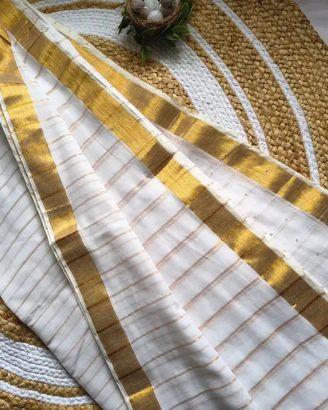Handloom Mul Cotton Saree with Golden Stripes, Border and Sequins in Pallu - White