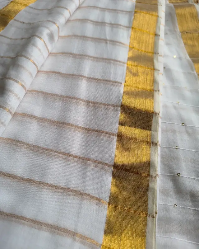 Handloom Mul Cotton Saree with Golden Stripes, Border and Sequins in Pallu - White