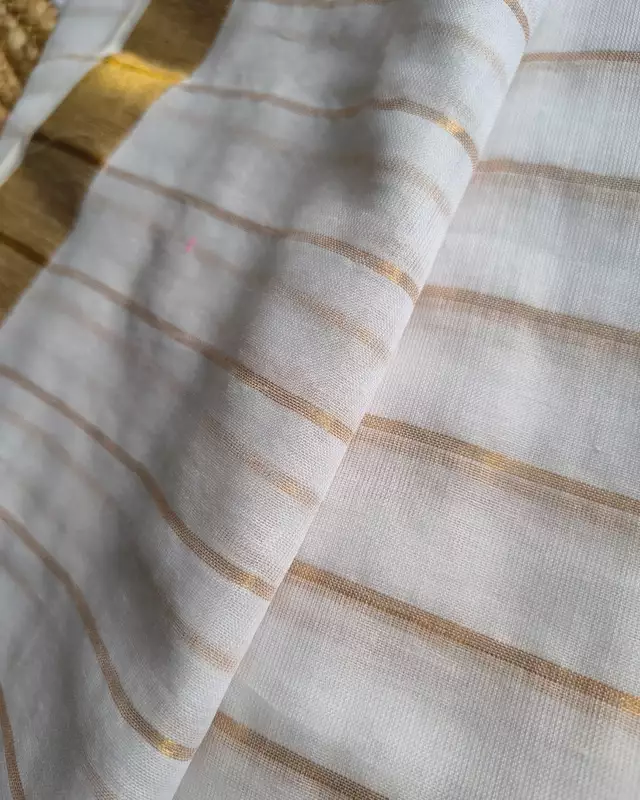 Handloom Mul Cotton Saree with Golden Stripes, Border and Sequins in Pallu - White