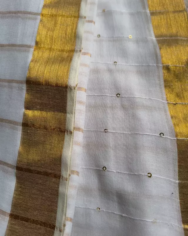 Handloom Mul Cotton Saree with Golden Stripes, Border and Sequins in Pallu - White