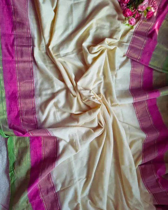 Mul Cotton Handloom Saree - Double Border - Pink & Green