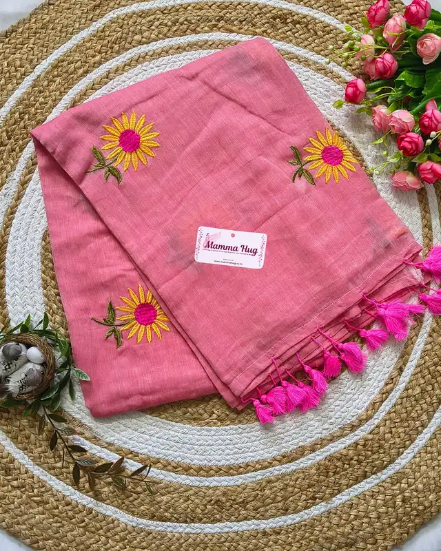 Mul Cotton Handloom Saree Sunflower Embroidery - Rose Pink