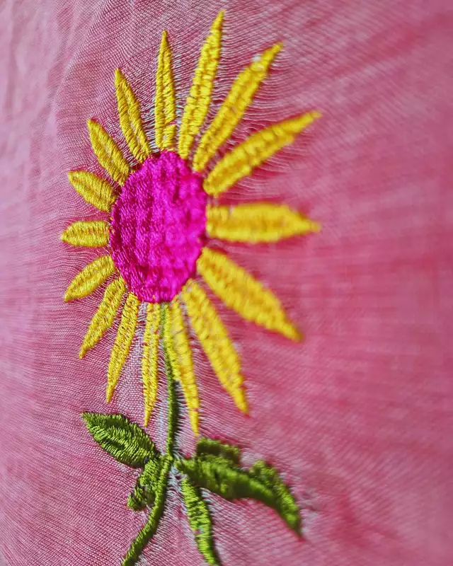 Mul Cotton Handloom Saree Sunflower Embroidery - Rose Pink