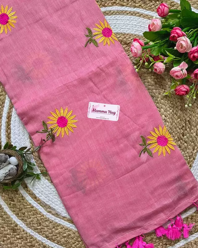 Mul Cotton Handloom Saree Sunflower Embroidery - Rose Pink