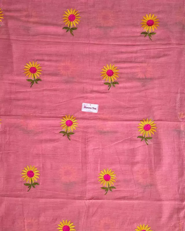 Mul Cotton Handloom Saree Sunflower Embroidery - Rose Pink