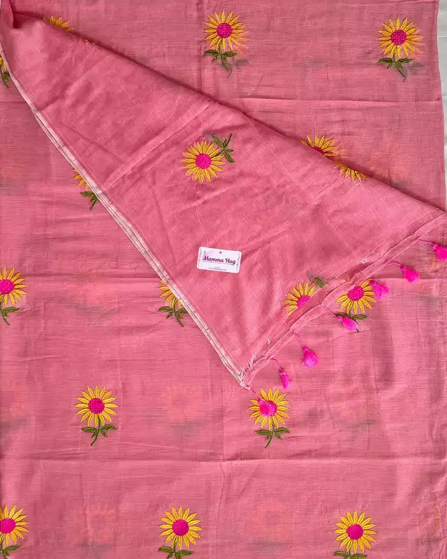 Mul Cotton Handloom Saree Sunflower Embroidery - Rose Pink