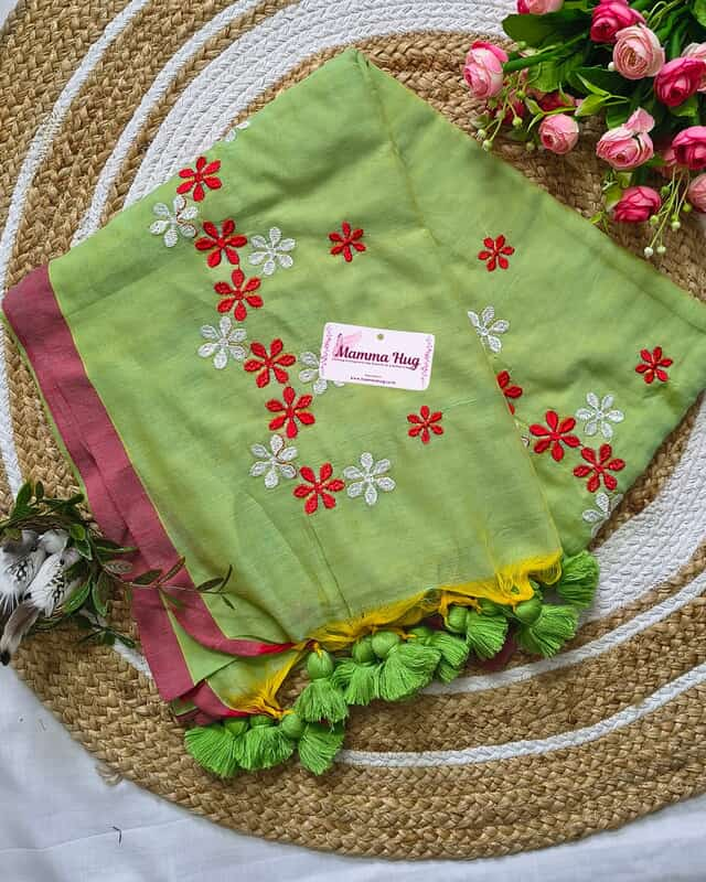 Mul Cotton Handloom Saree Flower Embroidery - Pista Green