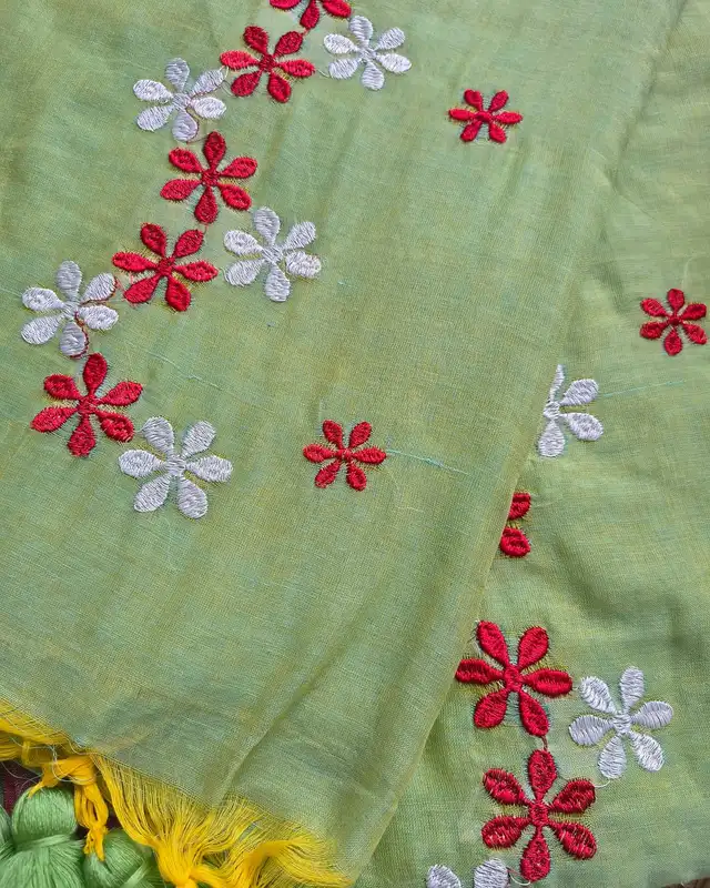 Mul Cotton Handloom Saree Flower Embroidery - Pista Green