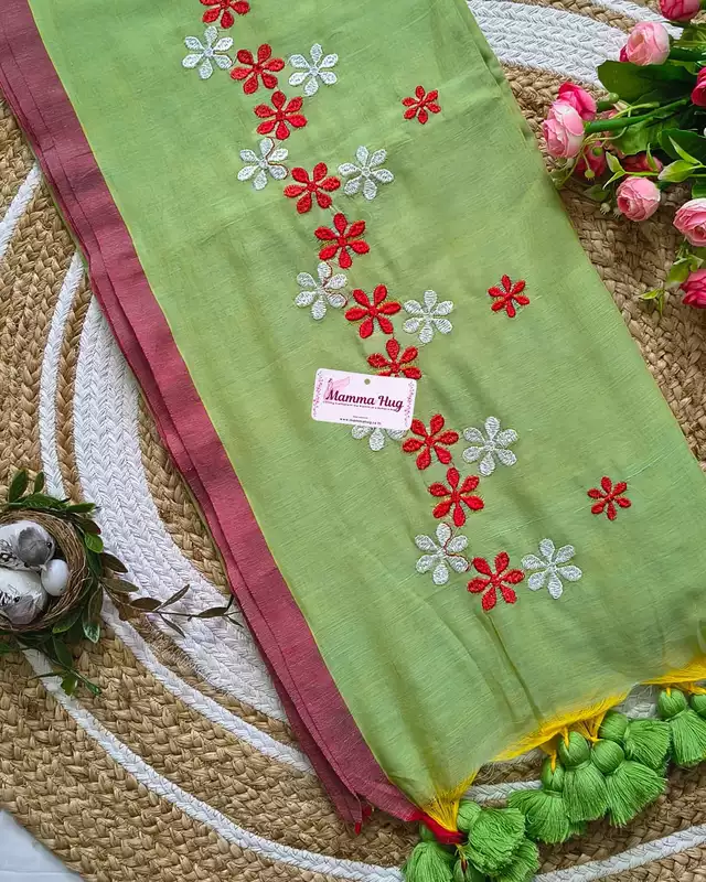 Mul Cotton Handloom Saree Flower Embroidery - Pista Green