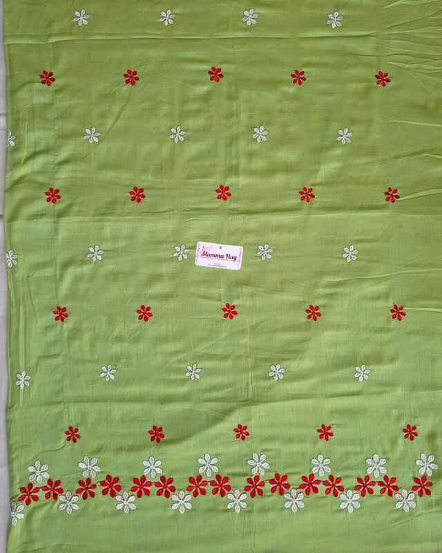 Mul Cotton Handloom Saree Flower Embroidery - Pista Green
