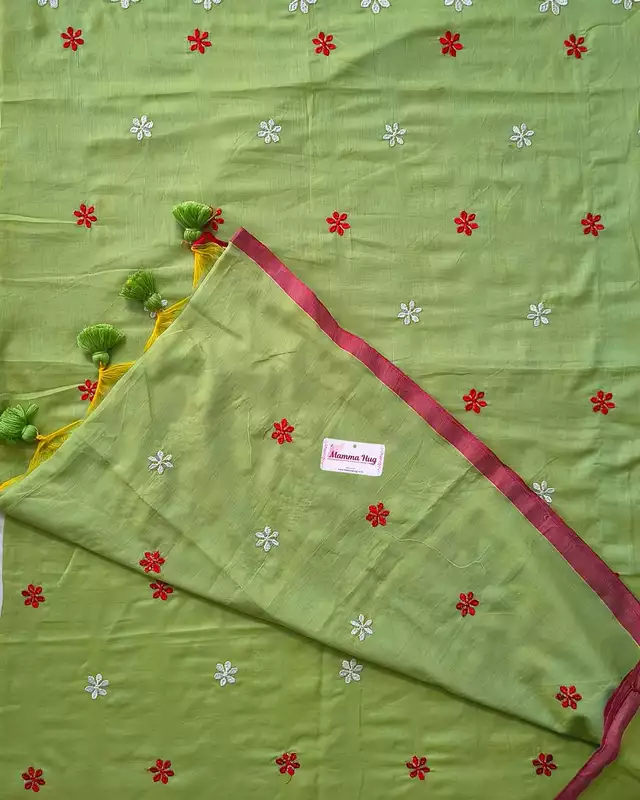 Mul Cotton Handloom Saree Flower Embroidery - Pista Green