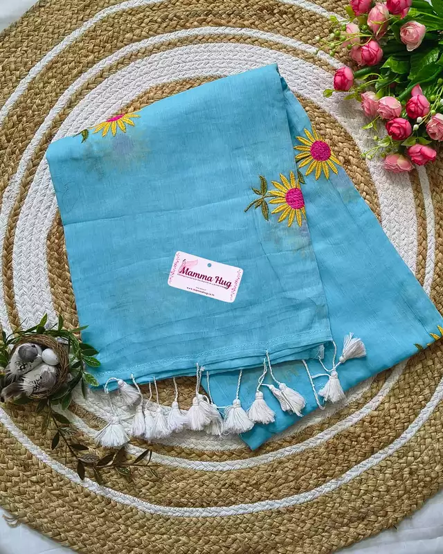 Mul Cotton Handloom Saree Sunflower Embroidery - Sky Blue