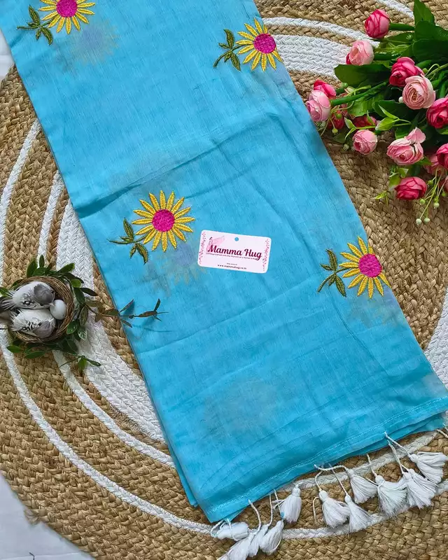Mul Cotton Handloom Saree Sunflower Embroidery - Sky Blue