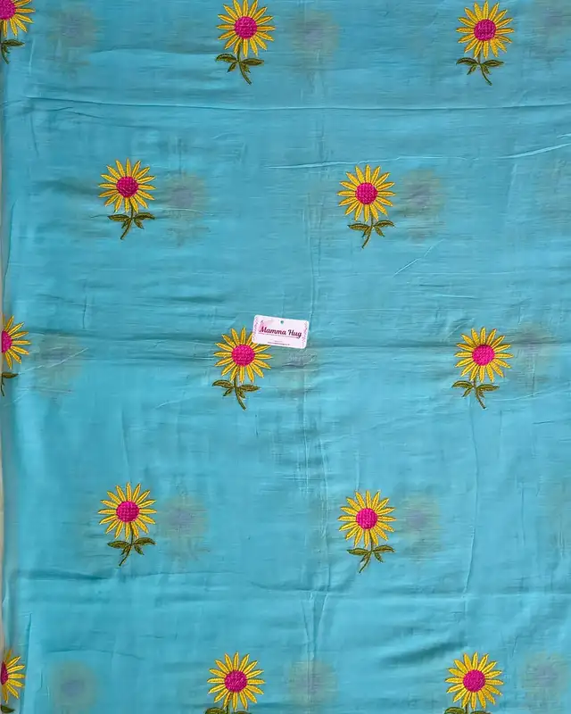 Mul Cotton Handloom Saree Sunflower Embroidery - Sky Blue
