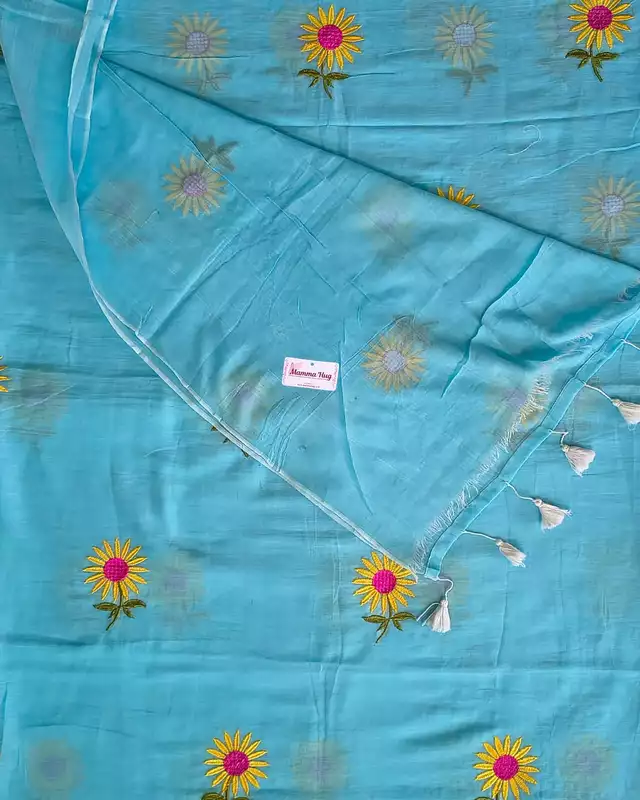 Mul Cotton Handloom Saree Sunflower Embroidery - Sky Blue