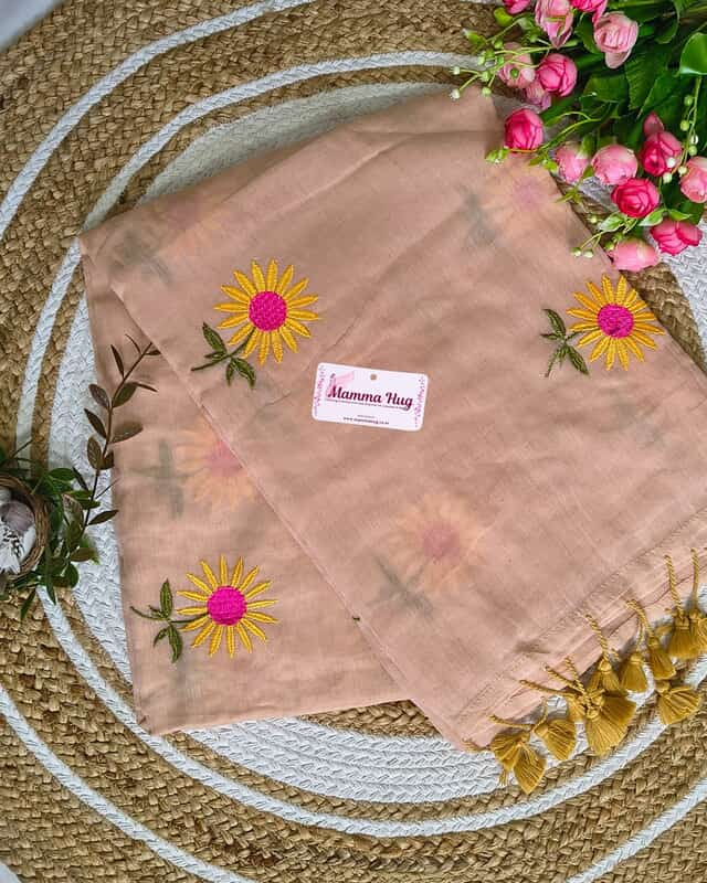 Mul Cotton Handloom Saree Sunflower Embroidery - Nude Beige