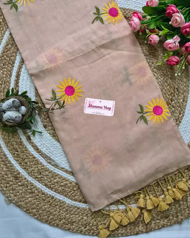Mul Cotton Handloom Saree Sunflower Embroidery - Nude Beige