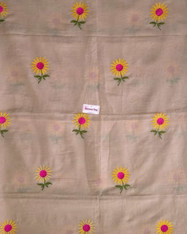Mul Cotton Handloom Saree Sunflower Embroidery - Nude Beige