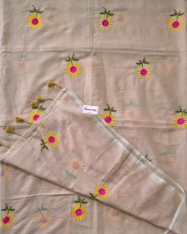 Mul Cotton Handloom Saree Sunflower Embroidery - Nude Beige