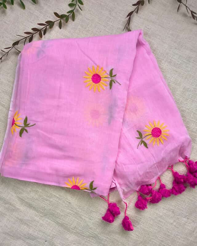 Mul Cotton Handloom Saree Flower Embroidery - Baby Pink