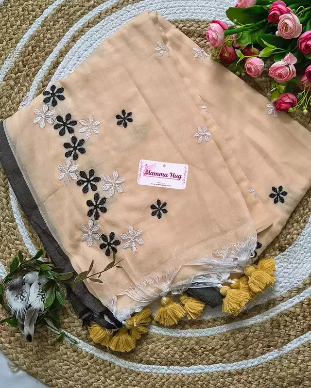 Mul Cotton Handloom Saree Flower Embroidery - Peach