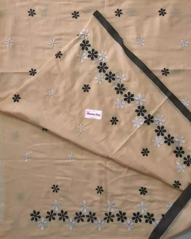 Mul Cotton Handloom Saree Flower Embroidery - Peach