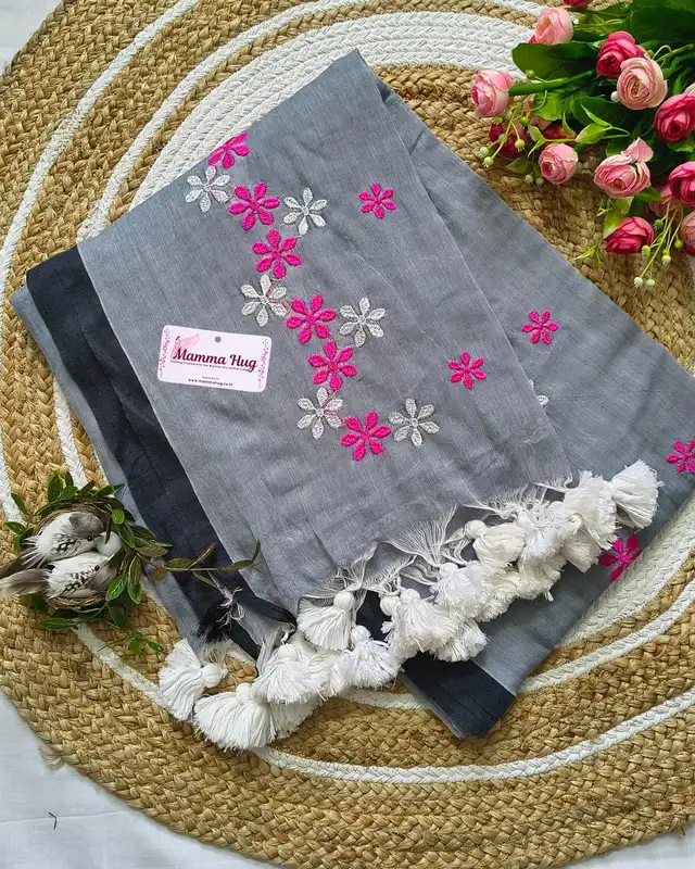 Mul Cotton Handloom Saree Flower Embroidery - Grey