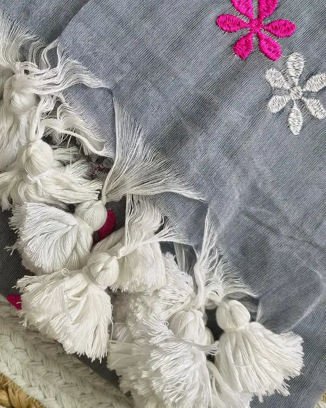 Mul Cotton Handloom Saree Flower Embroidery - Grey