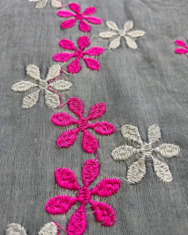 Mul Cotton Handloom Saree Flower Embroidery - Grey