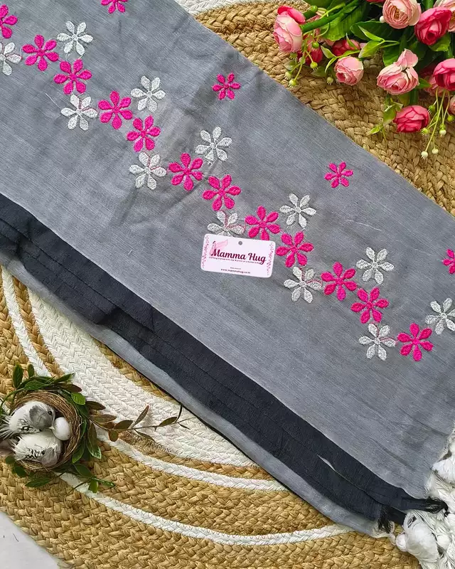 Mul Cotton Handloom Saree Flower Embroidery - Grey