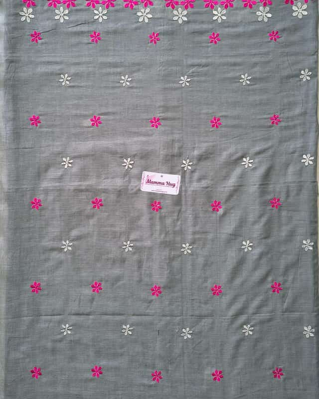 Mul Cotton Handloom Saree Flower Embroidery - Grey