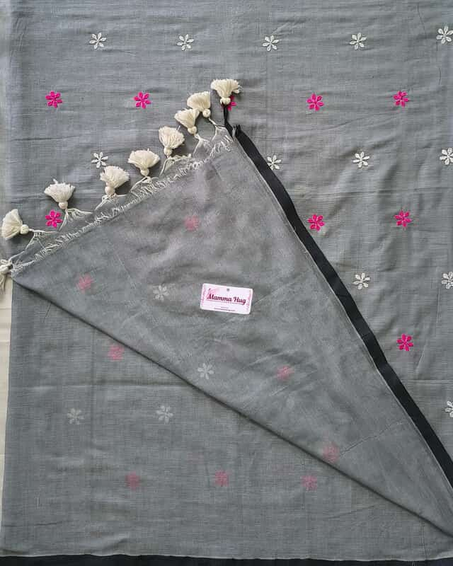 Mul Cotton Handloom Saree Flower Embroidery - Grey