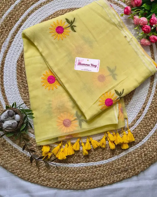 Mul Cotton Handloom Saree Flower Embroidery - Yellow