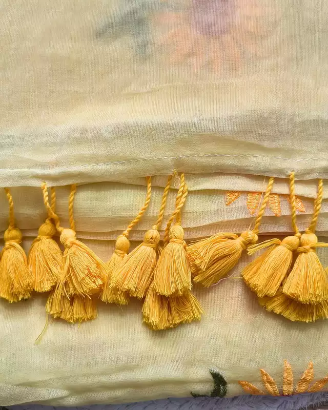 Mul Cotton Handloom Saree Flower Embroidery - Yellow