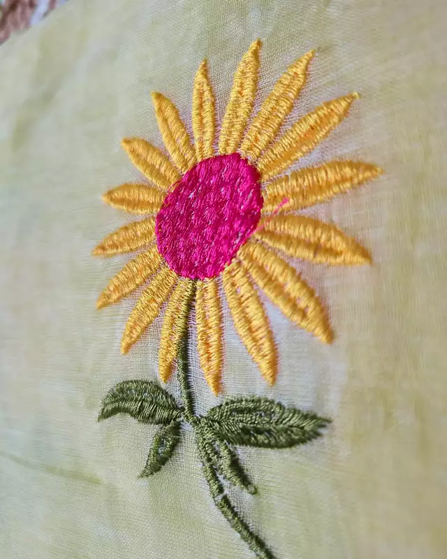 Mul Cotton Handloom Saree Flower Embroidery - Yellow